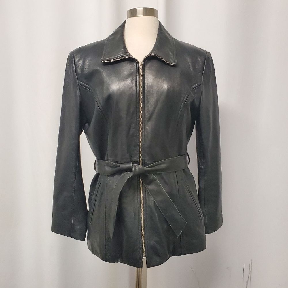 Wilson's Black Leather Mid Length Belted Insulated Coat‎ Jacket Size Woman's Md